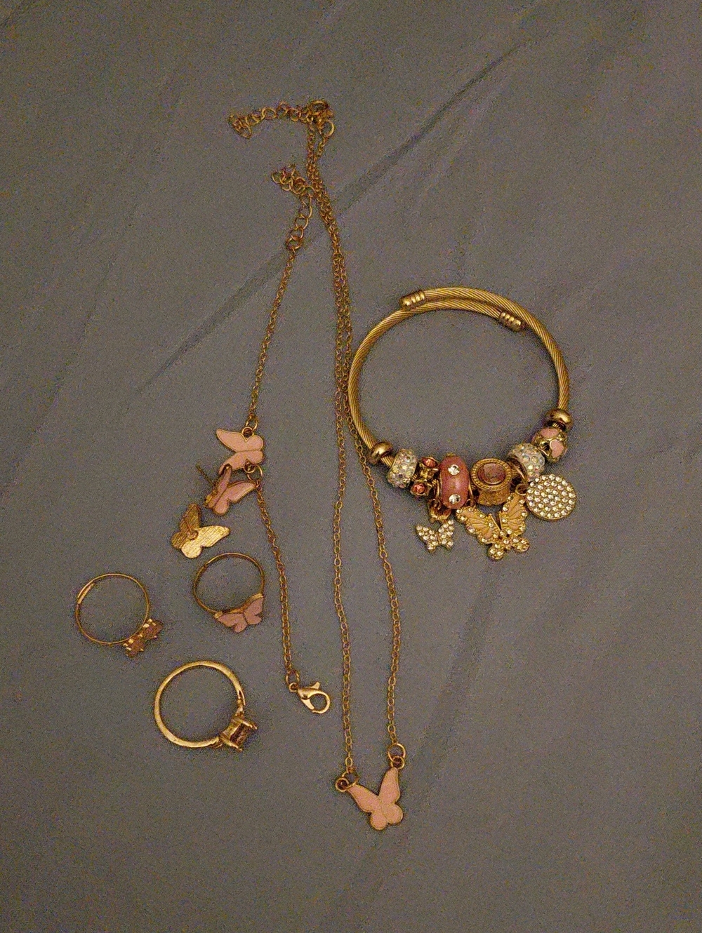 Gold-Tone Pink Butterfly Charm Necklace & Bracelet Set
